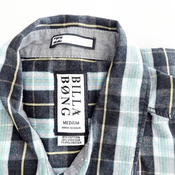 Billabong Mens Casual Button Down Shirt Short Sleeve Plaid Green Black Medium - Picture 3 of 6